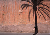 Man Standing In Shadow Of Date Palm On The Old City Walls Of Marrakesh, Morocco.
