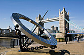 Tower Bridge, View of sundial with Tower Bridge in background; London