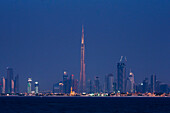 United Arab Emirates, View of city skyline at dusk; Dubai