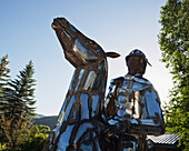 USA, Colorado, Downtown; Aspen, Man on horse sculpture, Public art, Equestrian statue