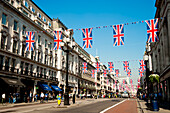Union Jacks decorating Regent Street in Central London, London, UK