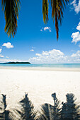Weißer Sandstrand mit Palmen mit Blick auf blaues Meer, blauen Himmel und weiße WolkenPantai Cenang (Cenang Beach), Pulau Langkawi, &#10; Malaysia, Südostasien.