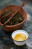Teacup and loose tea Maokong tea plantation Taipei Taiwan