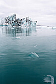 A view of icebergs at the Jokulsarlon glacial lagoon from Vatnajokull glacier.; Jokulsarlon, Iceland