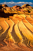 Wellenförmige Muster auf den terrassenförmigen Sandsteinfelsen der Coyote Buttes in der Paria Canyon-Vermilion Cliffs Wilderness; Arizona, Vereinigte Staaten von Amerika