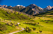 Scenic landscape of a road through the Absaroka Mountain Range.