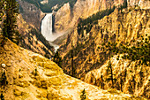 Lower Falls des Yellowstone River und das gelbe schwefelhaltige Gestein, das den Wasserfall umgibt, im Grand Canyon of the Yellowstone, Yellowstone National Park; Wyoming, Vereinigte Staaten von Amerika