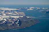 Aerial of coastline and fjord, Hornsund, Spitsbergen, Norway.