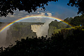 A rainbow arches over Victoria Falls.