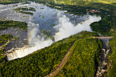 Aerial view of mist coming from Victoria Falls.