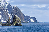 A scenic view of Cape Valentine on Elephant Island, Antarctica.