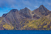 A scenic view of mountains in Stromness, South Georgia, Antarctica.