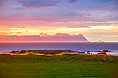 Sunset along coastal landscape in summer, Illugastadhir on the Vatnsnes Peninsula in the Northern Region of Iceland; Vatnsnes Peninsula, Nordurland Vestra, Iceland