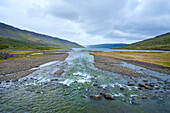 Fließender Fluss in der Fjordlandschaft von Vestfjardarvegur im Sommer; Westfjorde, Island