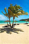 Eine tropische Strandszene in der Karibik; Canouan Island, die Grenadinen, St. Vincent und die Grenadinen, in der Karibik.