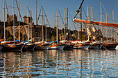 Early morning view of boats in the harbour, at Bodrum.; The harbour at Bodrum, on the coast of the Aegean Sea, western Anatolia, Turkey.