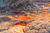 A woman walking through the twisted sandstone formations of White Pocket.