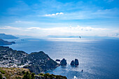View of Faraglioni Bay and rock formations from Monte Solaro on the Island of Capri with a seabird flying overhead; Naples, Capri, Italy