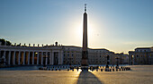Silhouette of the Vatican Obelisk in St Peter's Square at the Basilica di San Pietro in Vatican City; Rome, Italy