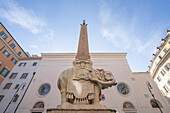 Close-up of St Maria Sopra Minerva Basilica and the Elephant with Obelisk in Piazza Della Minerva; Rome, Italy