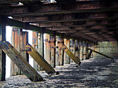 View of wooden support structure under the pier at Folkestone Harbour Arm; Folkestone, Kent, England, United Kingdom
