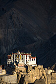View of the Tibetan Buddhist Lamayuru Monastery on a clifftop at sunset in Lamayouro of the Leh District in the Ladakh Region; Jammu and Kashmir, India