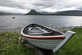 Beached Nordic clinker on the grassy shoreline of Vigur Island with a flat-topped mountain peak in the background; Vigur Island, Isafjardardjup Bay, Iceland