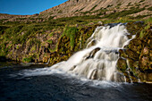 Vie von einem der sieben Wasserfälle der Dynjandi-Wasserfälle, die die Klippen des Arnarfj?r in der Region der Westfjorde in Island hinunterstürzen; Arnarfjordur, Westfjorde, Island
