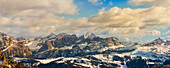 Snowy Dolomites during winter in Italy, with a view towards Tofana and Lagazuoi mountain; Italy