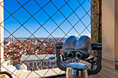 Telescope viewer at the bell tower at St Mark's overlooking the City of Venice; Veneto, Venice, Italy