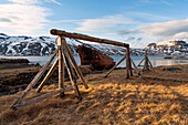 Berühmtes rostiges Schiffswrack, Sudurland Shipwreck in der Nähe der verlassenen Heringsfabrik in der Stadt Djupavik entlang der Strandir-Küste in den Westfjorden von Island; Djupavik, Westfjorde, Island