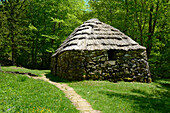 The Lone Shieling, a Scottish crofter's hut in a maple forest, in Cape Breton Highlands National Park.; Cape Breton Highlands National Park, Nova Scotia, Canada.