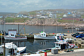 Foggy view of Neil's Harbor with docked boats and homes in the distance.; Neil's Harbor, Cape Breton Highlands National Park, Nova Scotia, Canada.