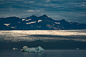 Late-day sun on the glacier at Nansen Fjord with the silhouette of the jagged mountain peaks in the background under a blue-grey cloudy sky; East Greenland, Greenland