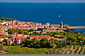 Tiled roofs and sailboats in the Mediterranean Sea at Collioure, France; Collioure, Pyrenees Orientales, France