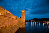 Bell tower at the entrance to the harbor of Collioure, France; Collioure, Pyrenees Orientales, France