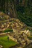 Reconstructed stone buildings on Machu Picchu; Machu Picchu, Peru
