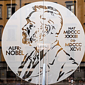 Image Of Alfred Nobel On A Window; Stockholm Sweden