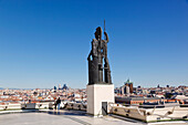 Couple Admiring The View Beside The Athena Statue On The Terrace Of The Circulo De Bellas Artes; Madrid Spain