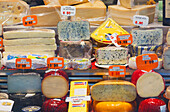 Selection Of Cheese In Shop Window; Madrid Spain