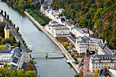 High Angle View Of A Bridge Crossing The River Lahn And Building Along The Water's Edge; Bad Ems Rheinland-Pfalz Deutschland