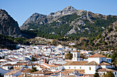 Stadtbild von weißen Gebäuden mit Bergen in der Ferne vor blauem Himmel; Grazalema Andalusien Spanien