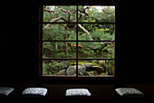 Zen-Tempel Garten durch ein Fenster gesehen mit einer Reihe von Sitzkissen im Vordergrund; Kyoto, Japan