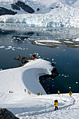 Tourists In Yellow Jackets Explore The Coastline; Antarctica