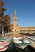 Boats In A Canal At Plaza De Espana; Seville Andalusia Spain