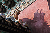 Eine Skulptur und ihr Schatten auf einer verzierten Dachlinie; Beijing China