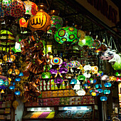 Colourful Lanterns Illuminated And Hanging From A Ceiling; Istanbul Turkey