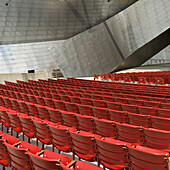 Red Plastic Seating Inside A Building; Chicago Illinois United States Of America