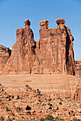 Utah, Arches National Park, Courthouse Towers, Closeup Of The Three Gossips Landmark.