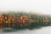 Ein Dock am Rande des Alpsees mit Herbstfarben und Nebel; Füssen, Bayern, Deutschland